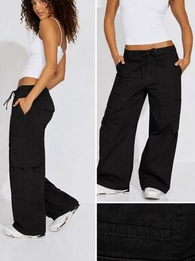 Garage Black Wide-Leg Cargo Pants with Drawstring